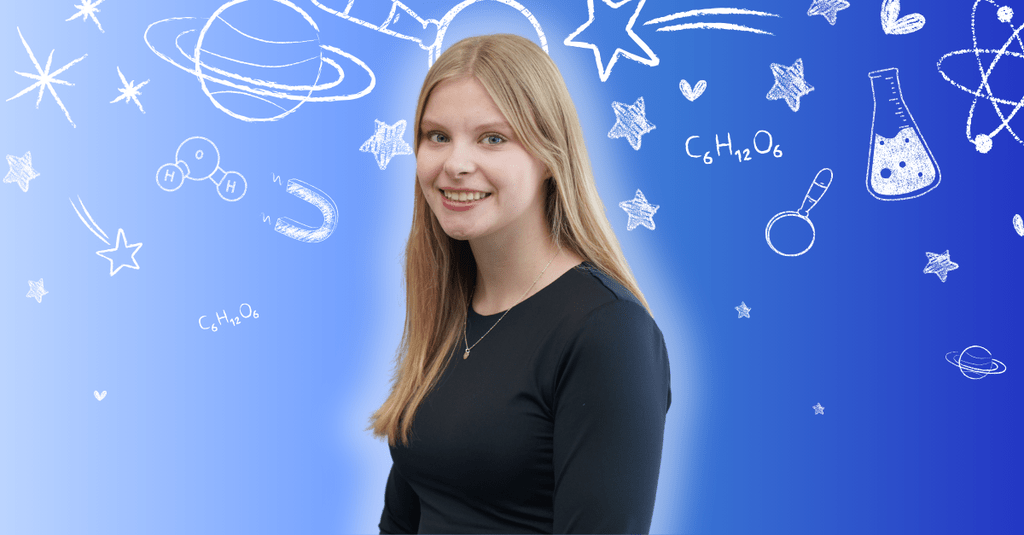 Allysa Greidanus smiling in front of science related icons