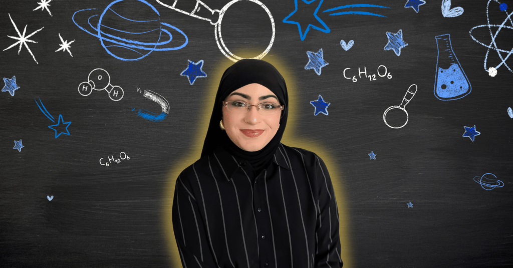 Ameera Khan smiling in front of science related icons