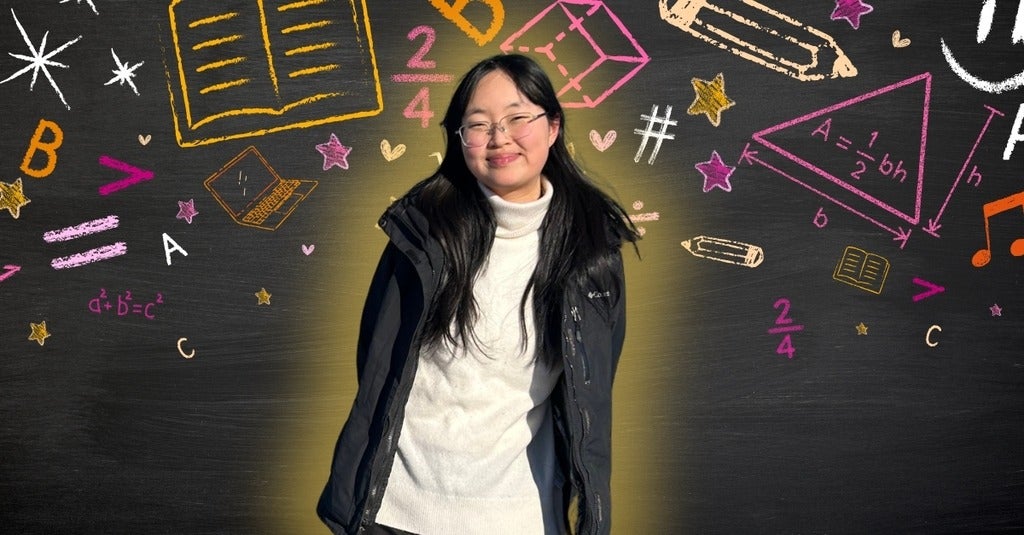 Hannah Choi smiling/posing in front of arts and math related icons 