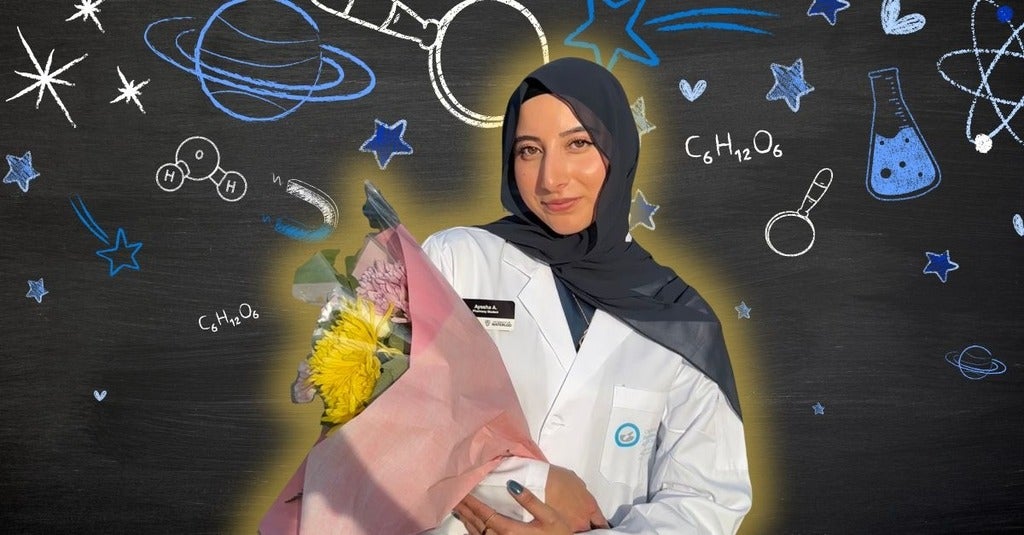 Ayesha Amanullah smiling/posing in front of science related icons 