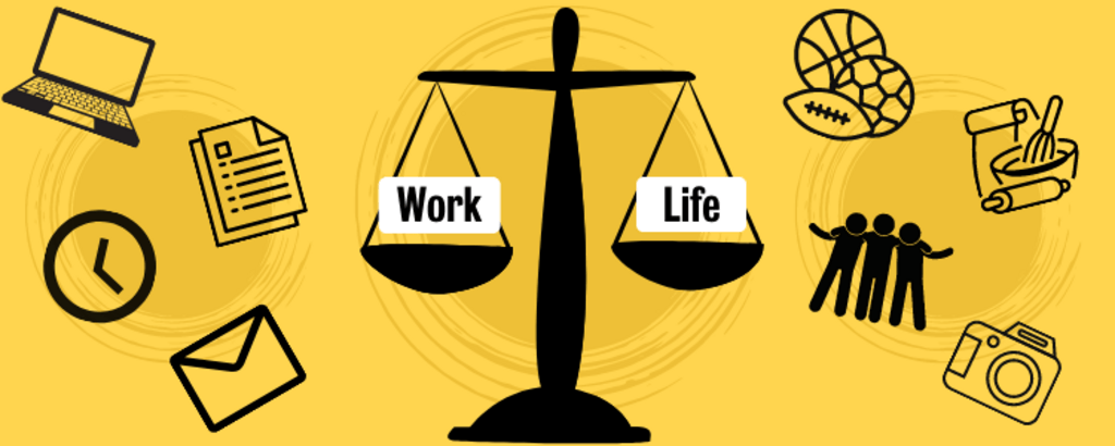 Image of a balance scale, where one side says "work" and the other says "life." Both sides have various work and life icons.