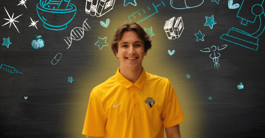 Cameron Stirrup smiling in front of health related icons