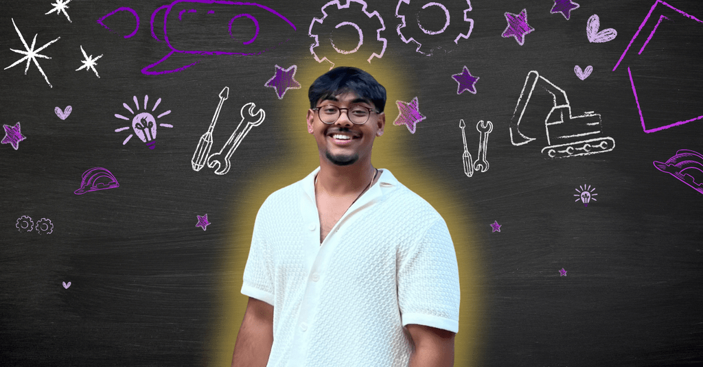 Dev Shah smiling in front of engineering related icons