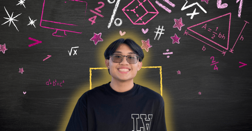 Franklin Ramirez smiling in front of math icons