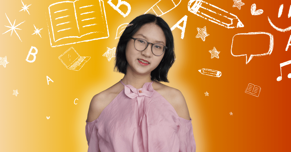 Giang Tran smiling in front of arts related icons