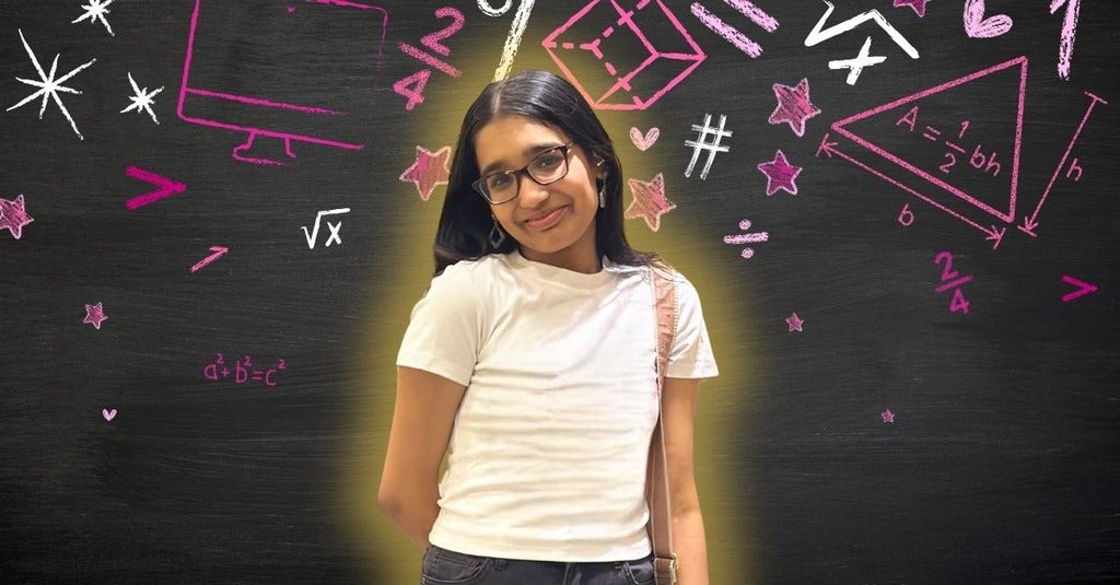 Krithika Kannan smiling/posing in front of math related icons 