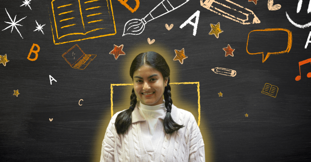 Maliha Karim smiling in front of art icons