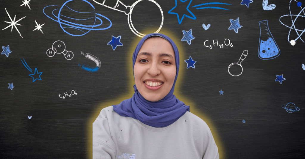 Mariam Elsoukkary smiling in front of science icons