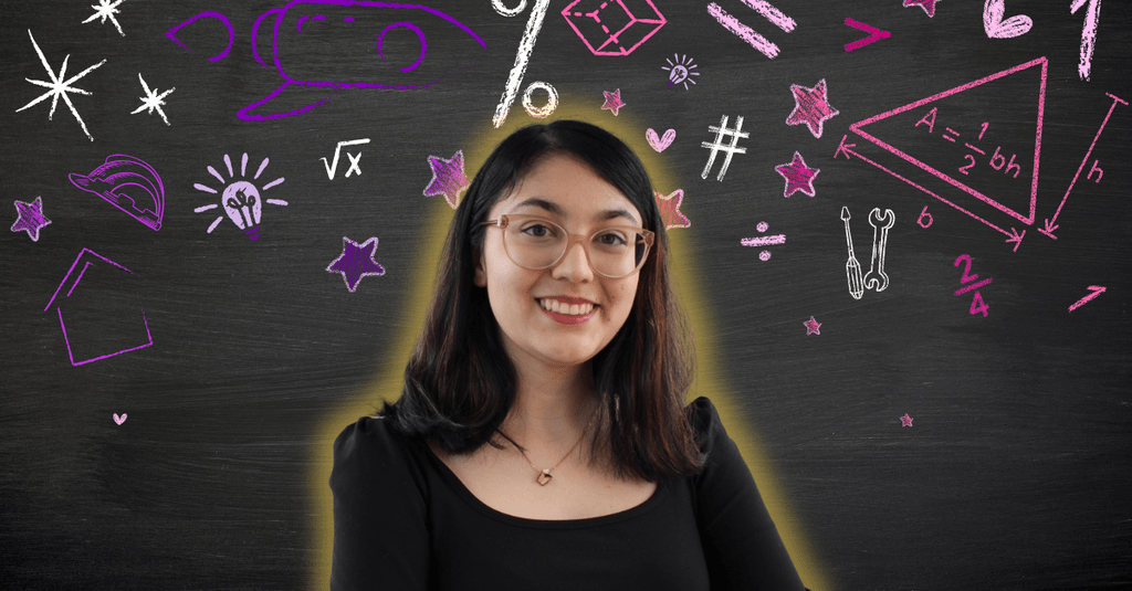 Padena Rasouli-Baghban smiling in front of math and engineering related icons