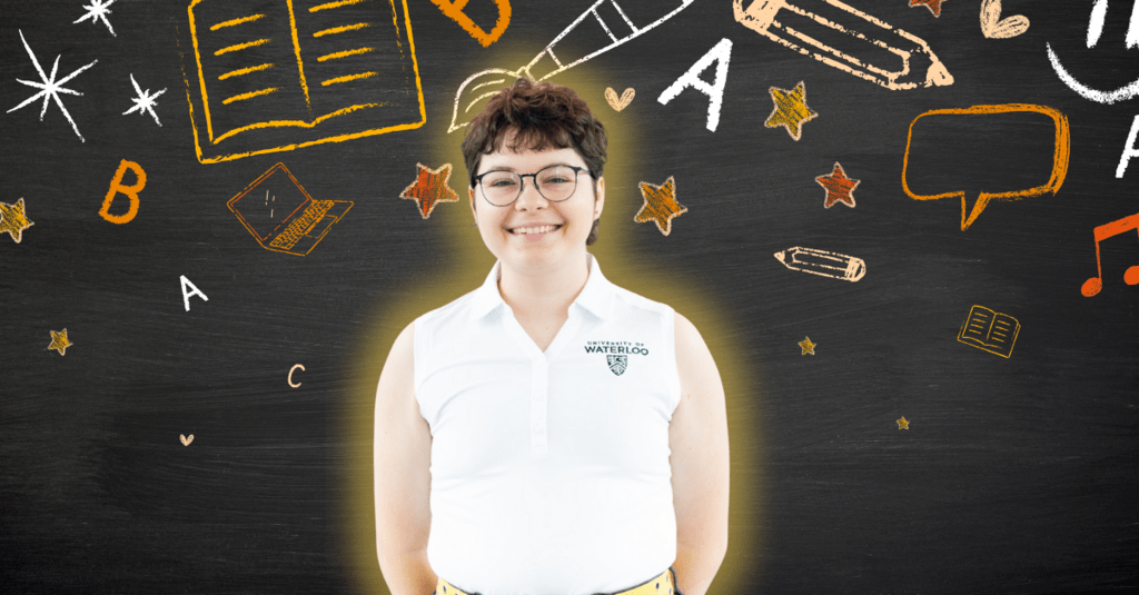 Phoenix Rogoz smiling in front of arts related icons