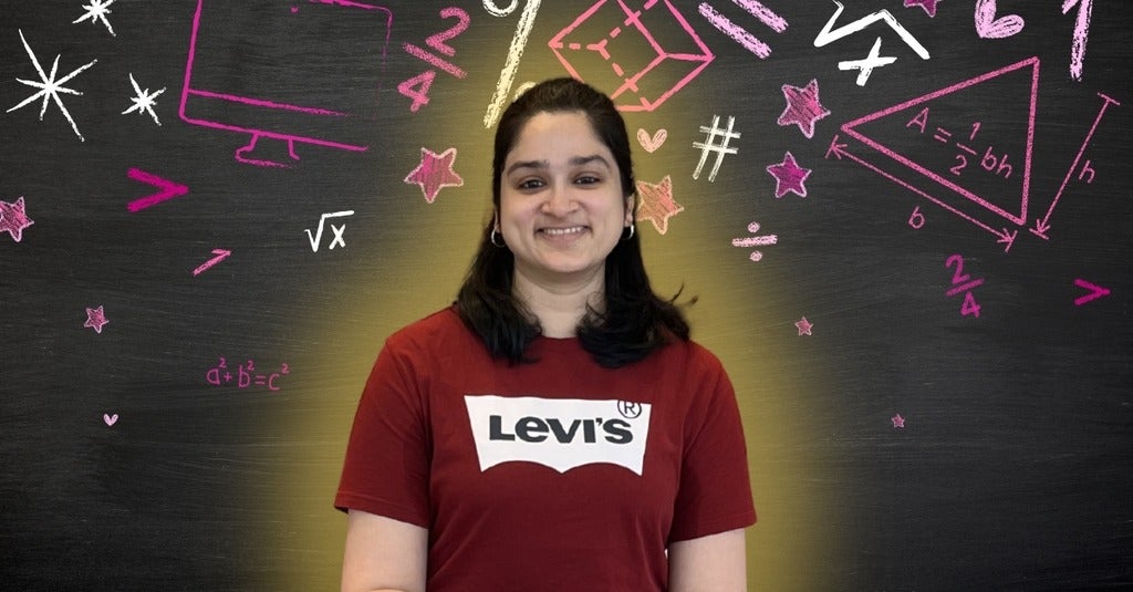 Pooja Krishan smiling/posing in front of math-related icons 