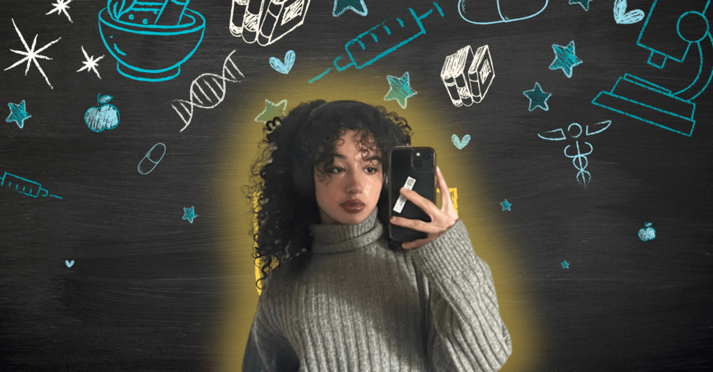 Sarah Bayrakdarian posing in front of health icons