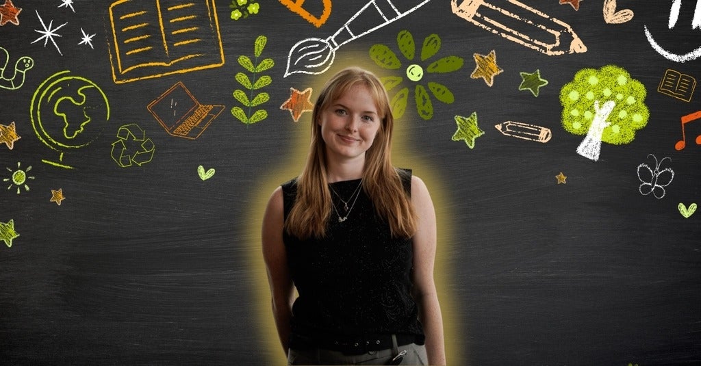 Tara Linehan smiling in front of arts/environment-related icons 