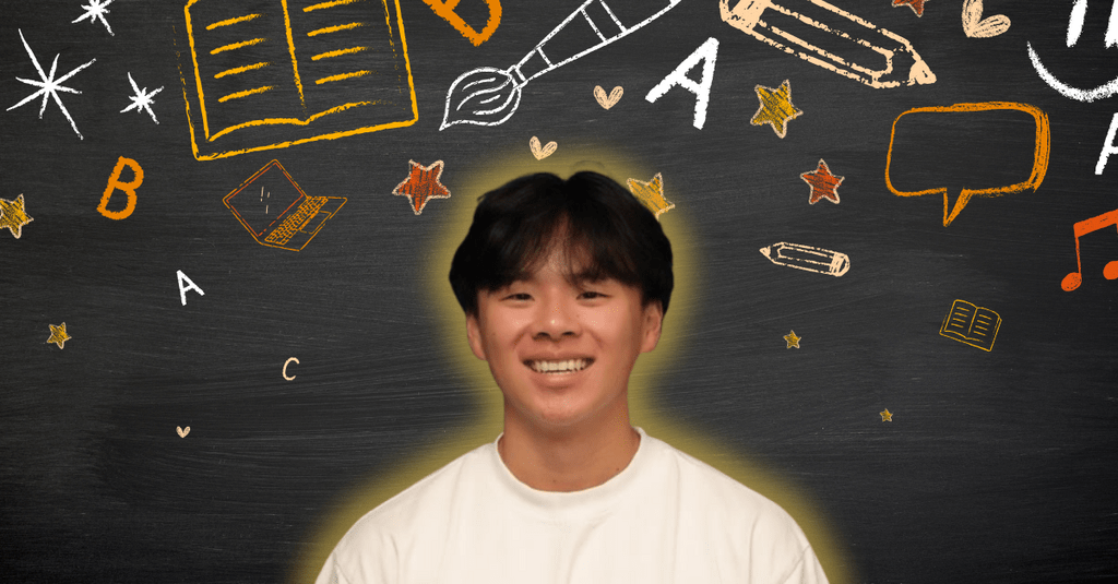 Tobin Tang smiling in front of arts related icons