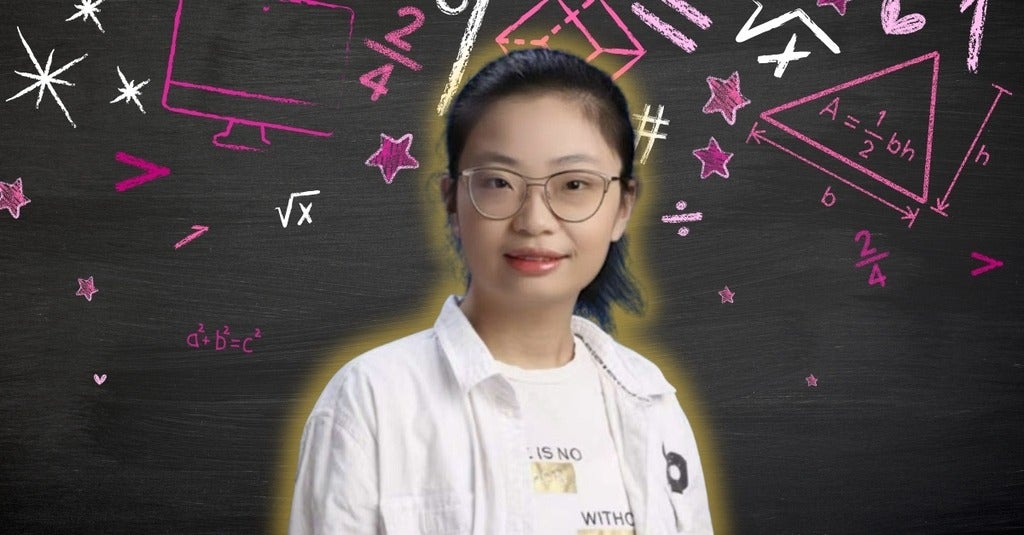 Yunxing Zhang smiling/posing in front of math related icons 