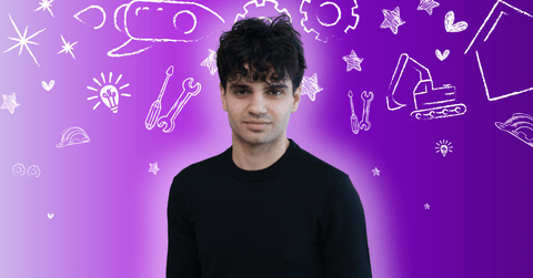 Aiden Sarrafzadeh posing in front of engineering related icons