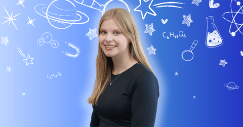 Allysa Greidanus smiling in front of science related icons