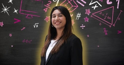 Avni Arora smiling/posing in front of math-related icons 