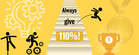 Image of a staircase with the text "Always give 110%!" on it, three people icons, a gold trophy, a gold medal, and a light bulb.