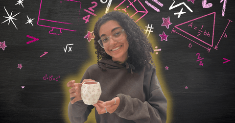 Carole Hanna posing in front of Math related icons