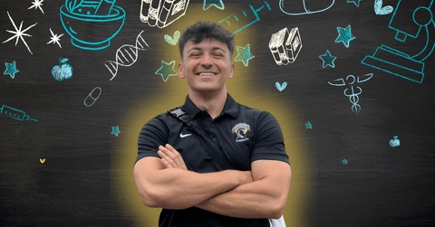 Daniel Proietti smiling in front of health related icons