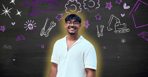 Dev Shah smiling in front of engineering related icons