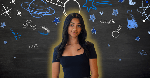 Disha Patel smiling in front of Science related icons