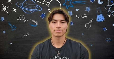 Ethan smiling/posing in front of science-related icons 