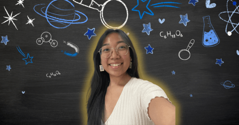 Jessica Canlas smiling in front of science icons