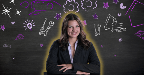 Jordyn Maywood smiling in front of engineering related icons