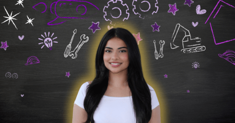 Mehr Adnan smiling in front of engineering icons