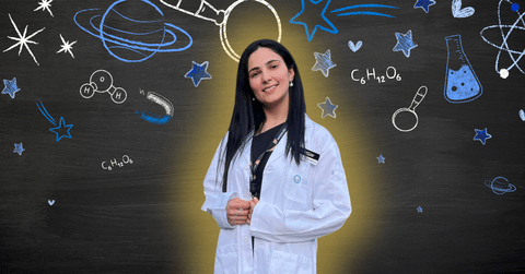 Mera Yousef smiling/posing in front of science-related icons 