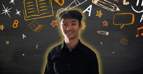 Nick Cahyono posing in front of arts related icons