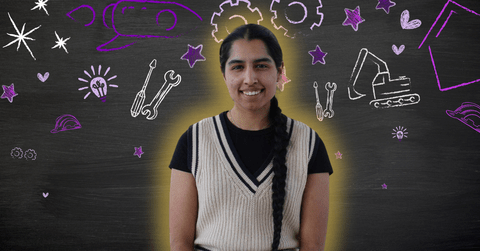 Harleen smiling/posing in front of enginerring-related icons 