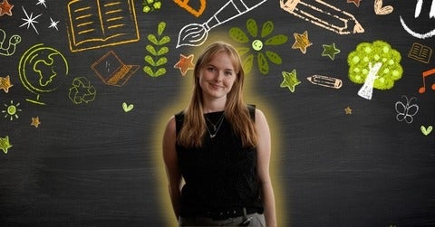 Tara Linehan smiling in front of arts/environment-related icons 