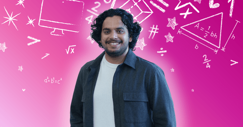 Vinayak Bector posing in front of math related icons