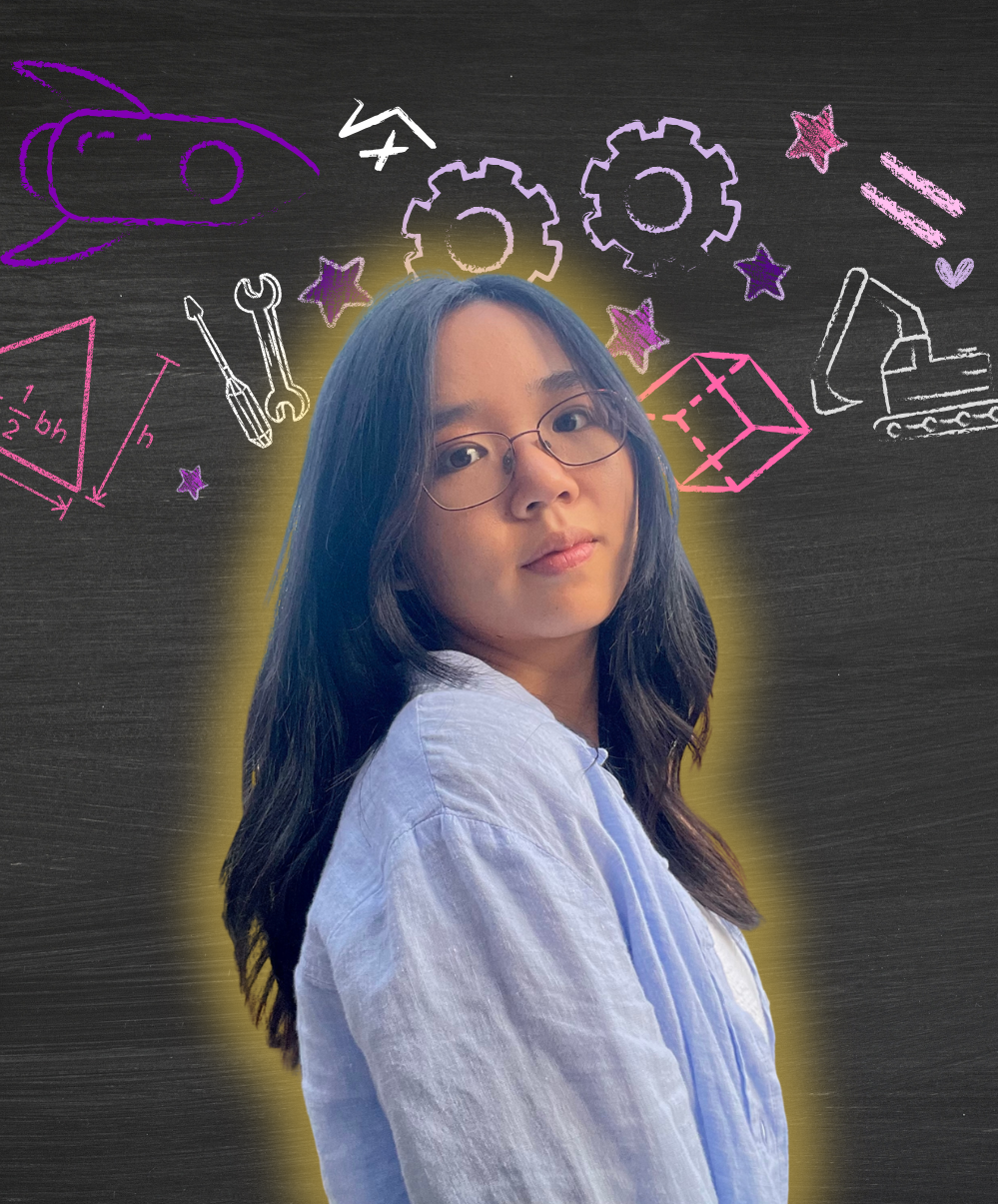 Jane Zeng posing in front of Math and Engineering icons