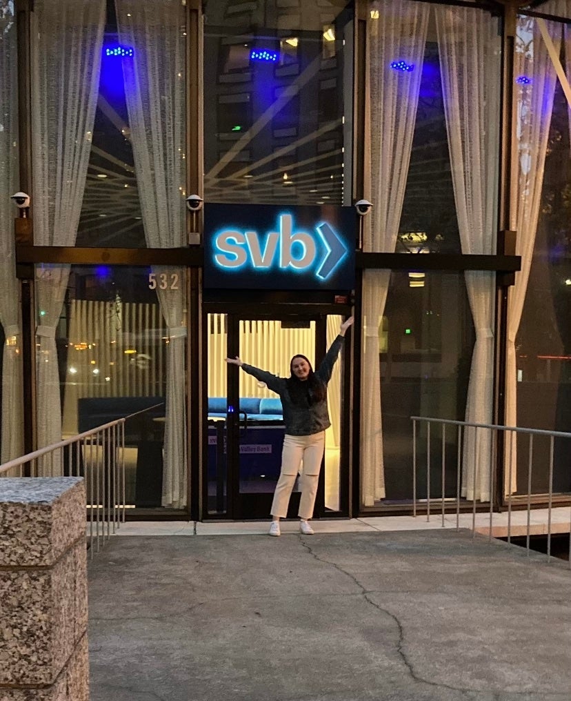 Gillian Trasuk standing in front of Silicon Valley Bank.