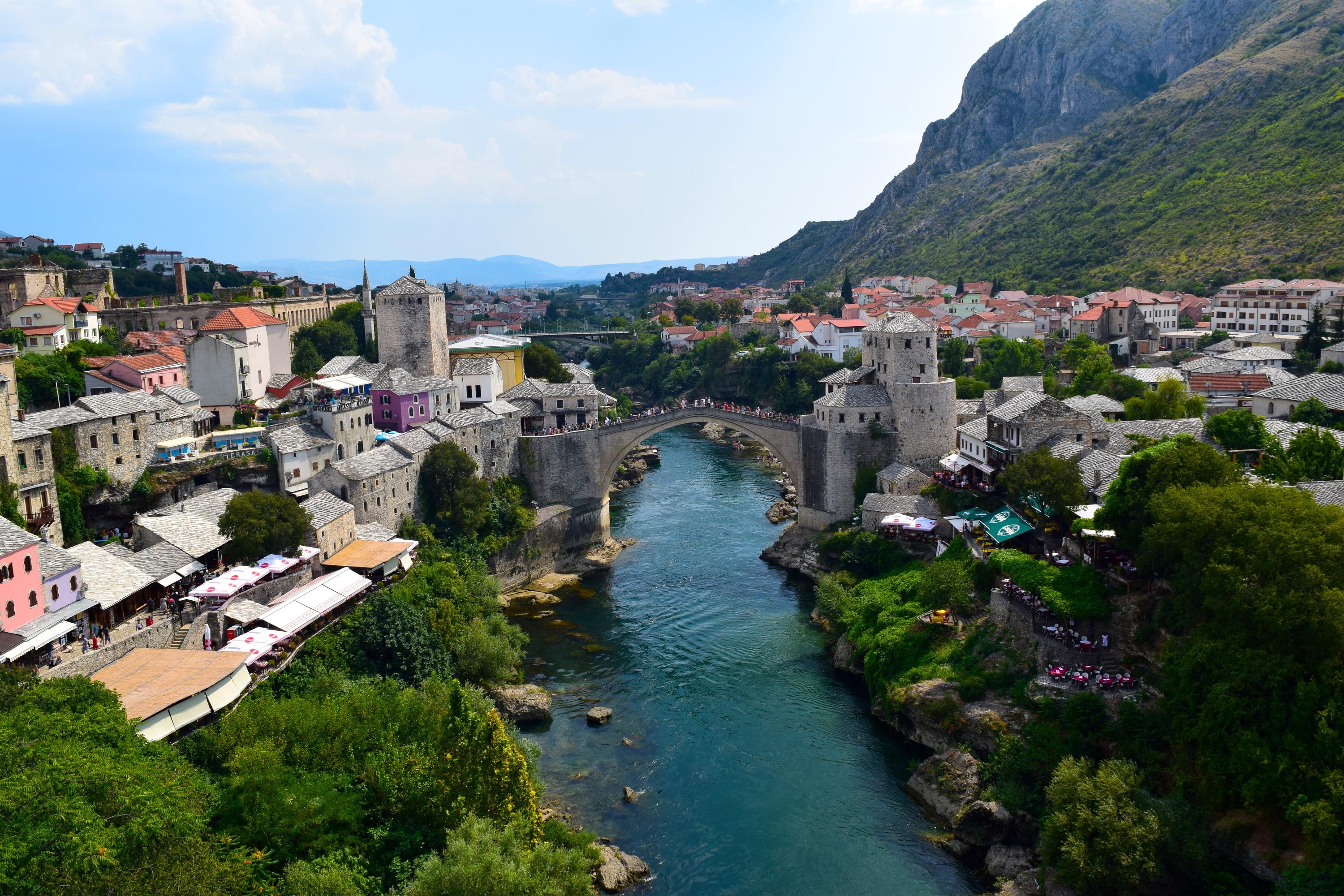 A view of a bridge and city scape in Bosnia