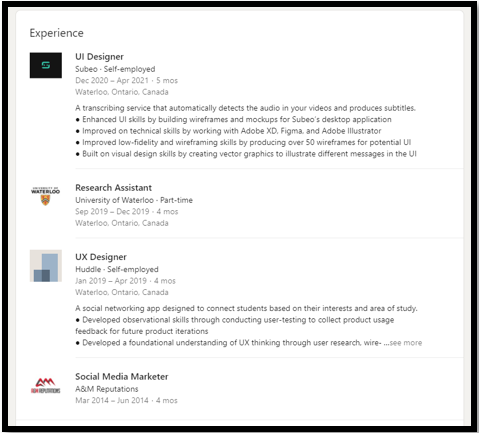 Example of profile "experience" section 