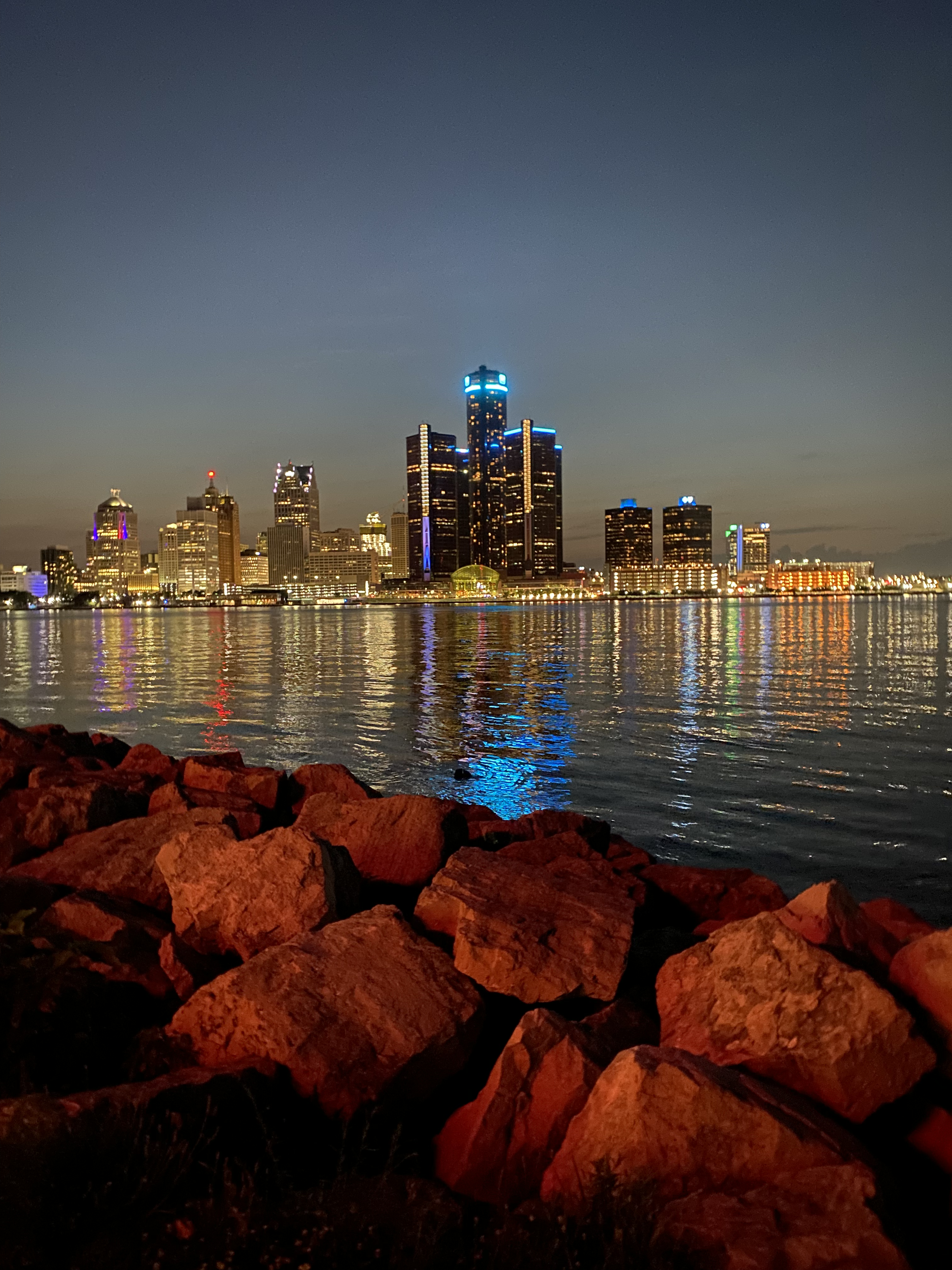 A large body of water and city at night.