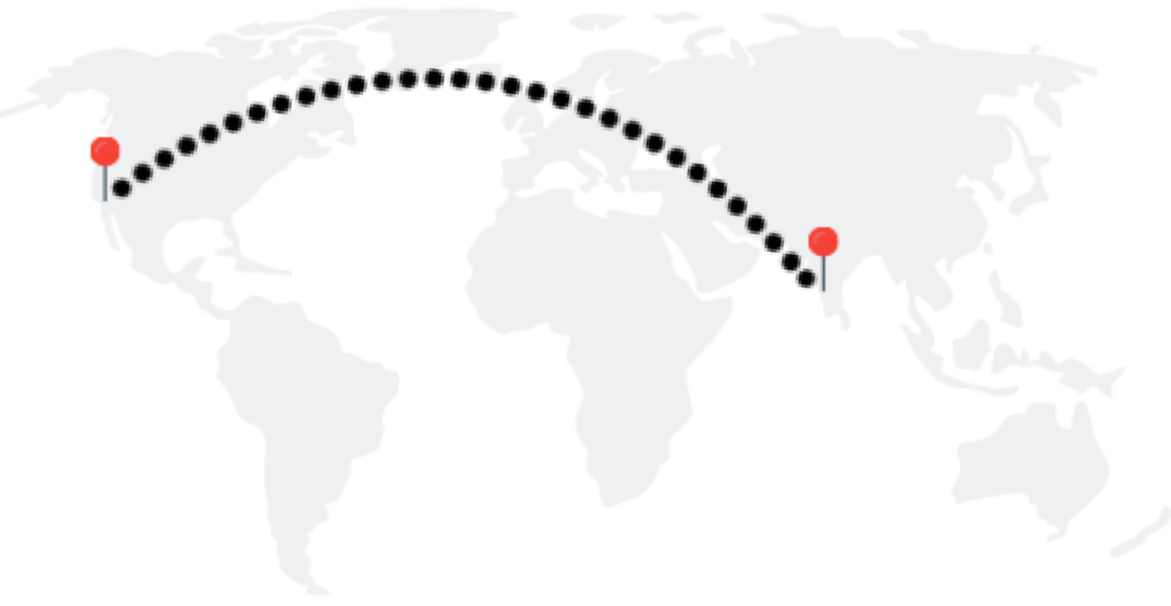 World map which shows California and India pin pointed