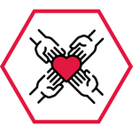 four hands holding heart icon