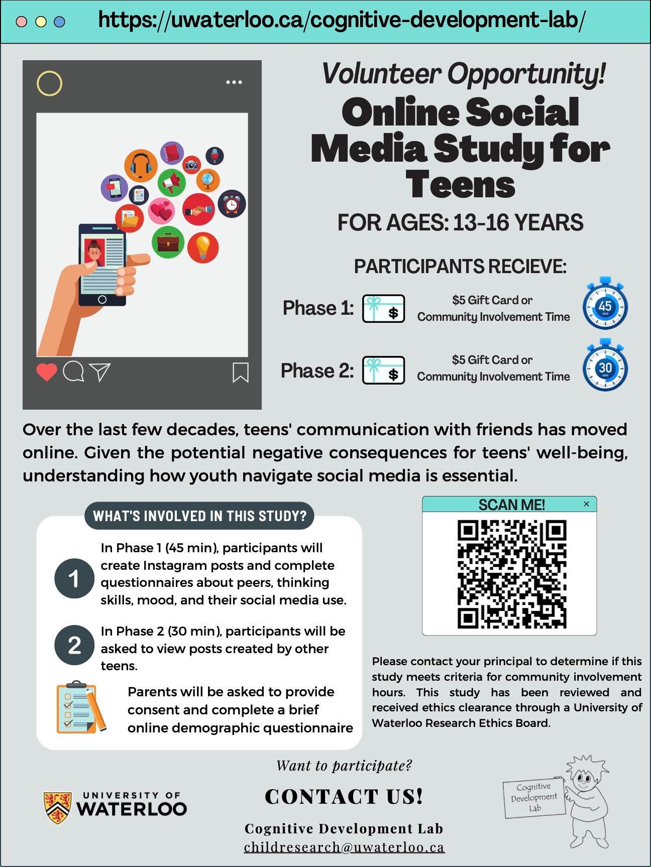 Flyer recruiting for online social media study for teens