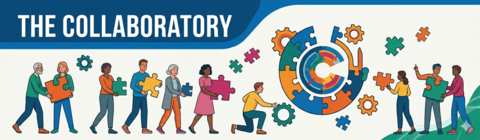 a line of people with pieces to build a puzzle and a title of The Collaboratory