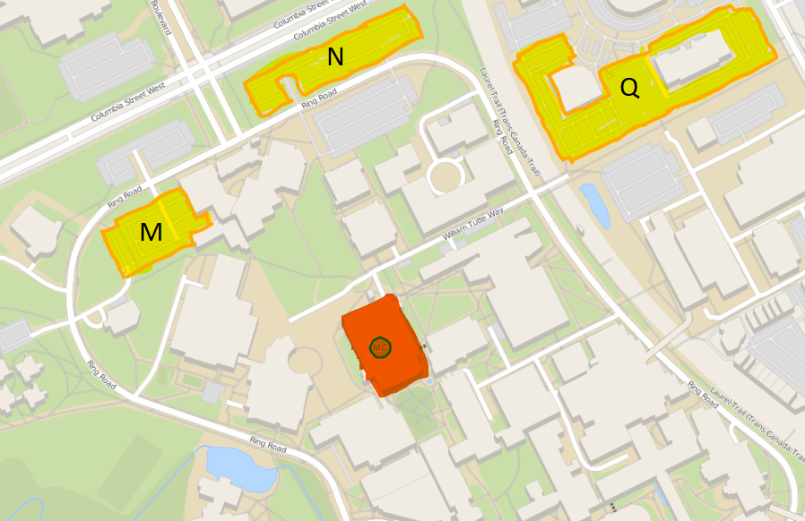 Image of a campus map with parking lots M, N, and Q highlighted and labelled.