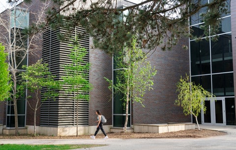 Person walks by Hagey Hall