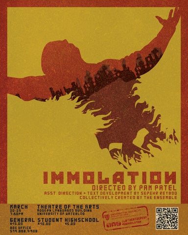 Illustration of a theatre poster of a red man burning with flames going into him and the title "IMMOLATION"