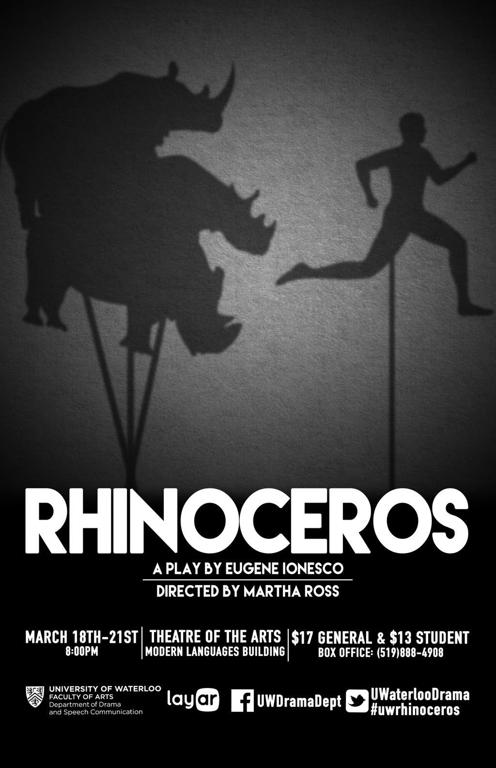 black and white poster of shadow puppet rhinoceroses chasing a man