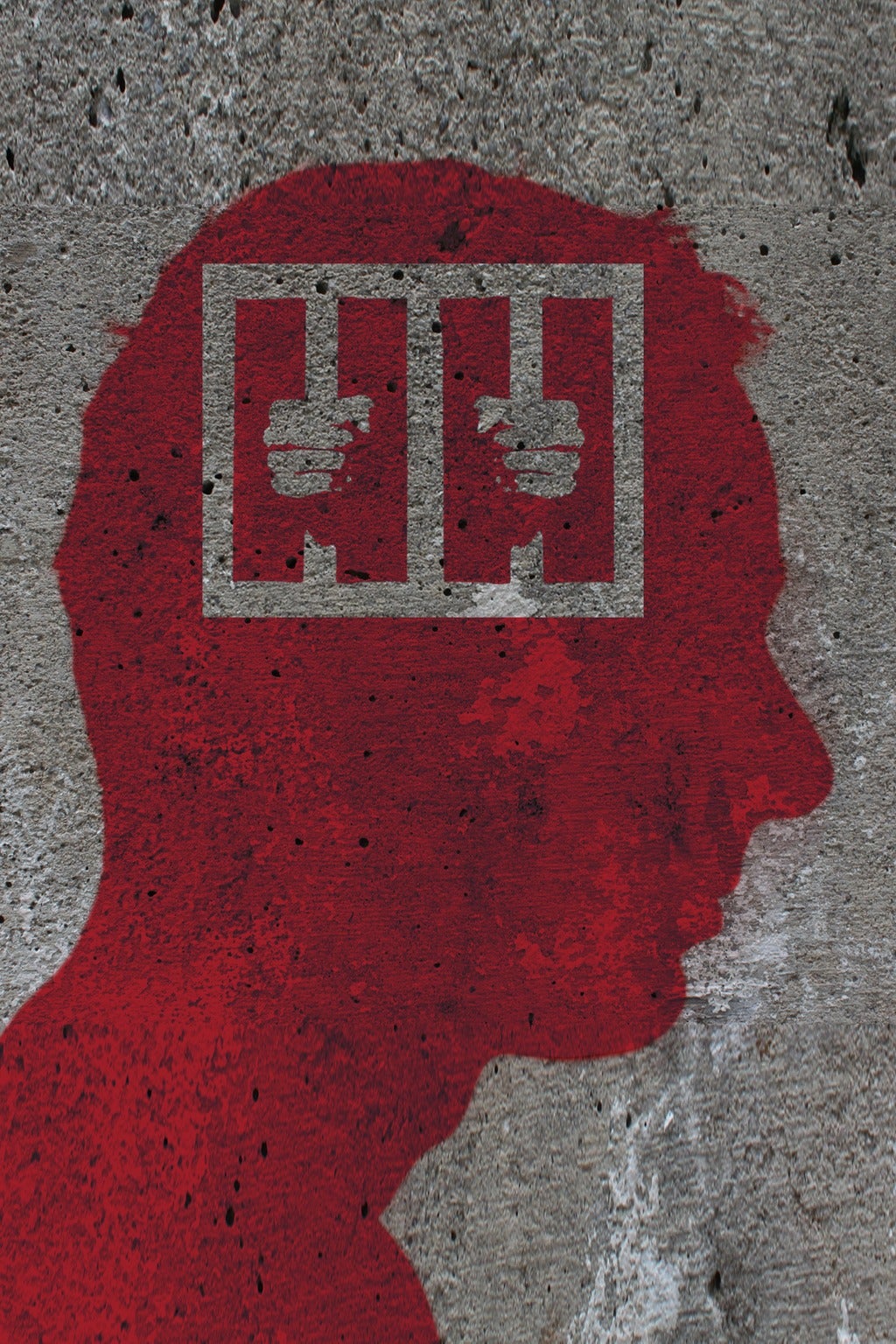Red silhouette of a man's head with image of hands gripping cell bars